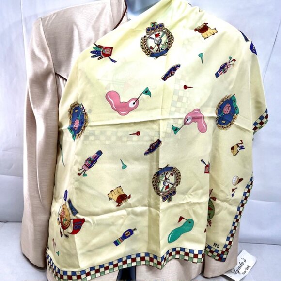 (2) Japanese H L  Furoshiki SILK Scarf 29"x29" light yellow  red blue golf  (38) - Picture 6 of 14